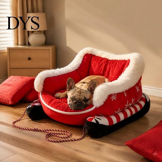 Holiday Sleigh Pet House Christmas Dog Bed with Non Slip Base, Plush Calming Sofa High Resilience Foam Lounger for Indoor Outdoor, Fun Cats