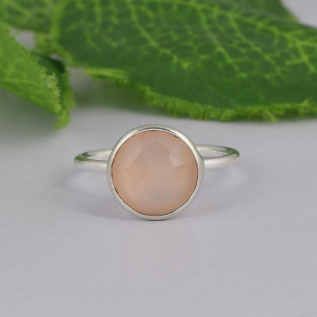 Rose Chalcedony Ring, Round Gemstone Ring, 925 Sterling Silver Thin Band, Pink Chalcedony Ring, Minimalist Gemstone Jewelry, Gift for Her