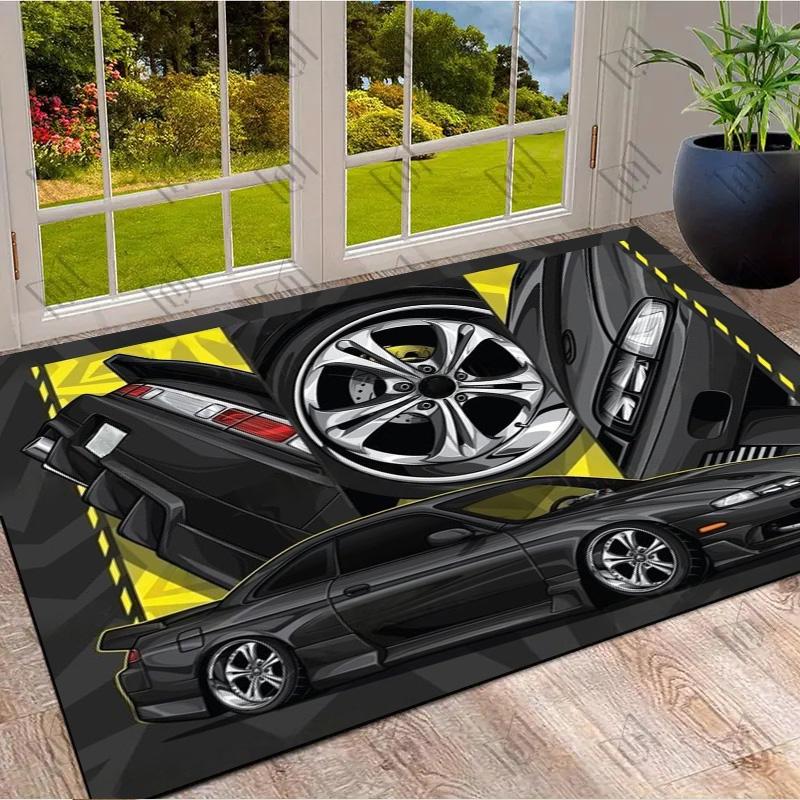 Black Tuned JDM Coupe Yellow Accent Comic Print Area Rug Non‑Slip Rectangular Floor Mat Auto Fan Decor for Gaming Bedroom Living Room