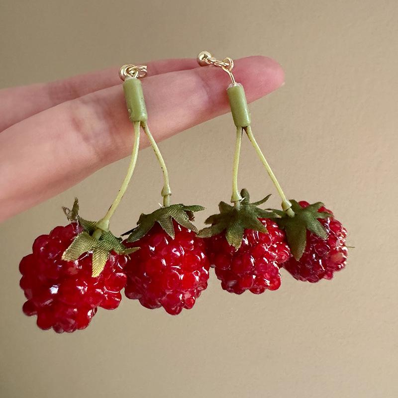 Ins Style Sweet Red Raspberry Drop Earrings Minimalist Unique Design Smart Playful Versatile Temperament Girl Pierced Jewelry