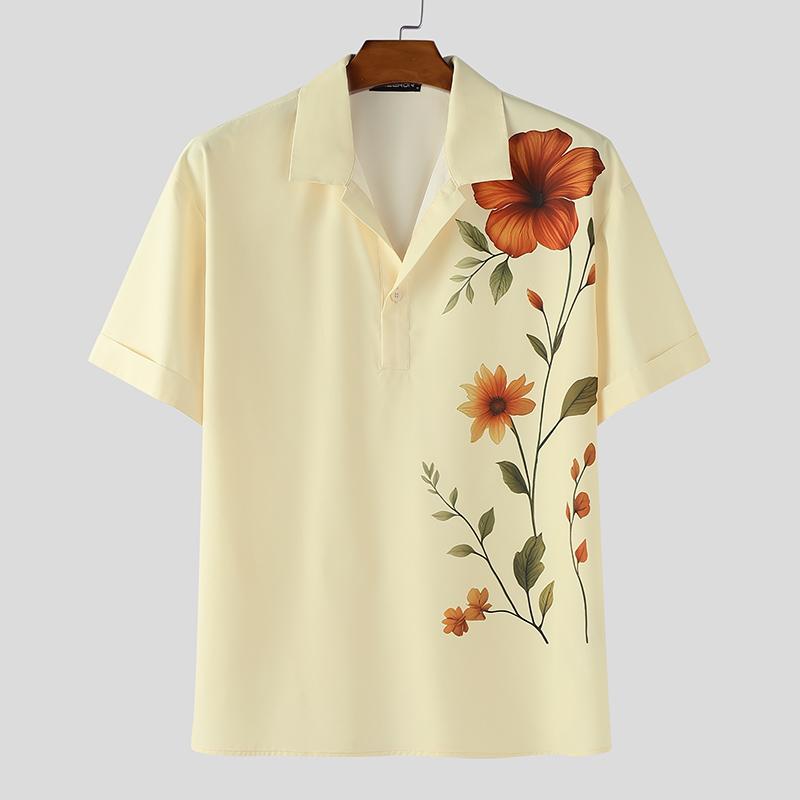 

INCERUN Oversized Men Shirts Short Sleeve Floral Print Buttons Casual Loose Tops 4XL абрикосовый