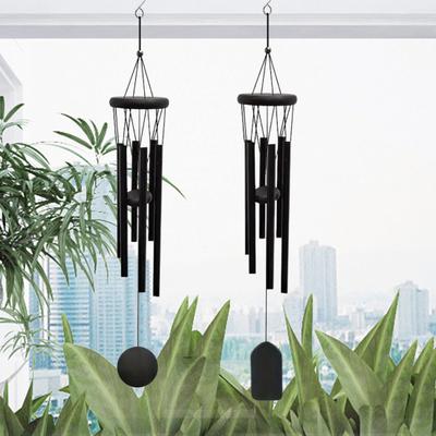 Black Wind Chime with 6 Metal Tubes S-shaped Hook Natural Soothing Melody Garden Patio Outdoor Decoration Hanging Wind Bell Pendant Birthday Gifts