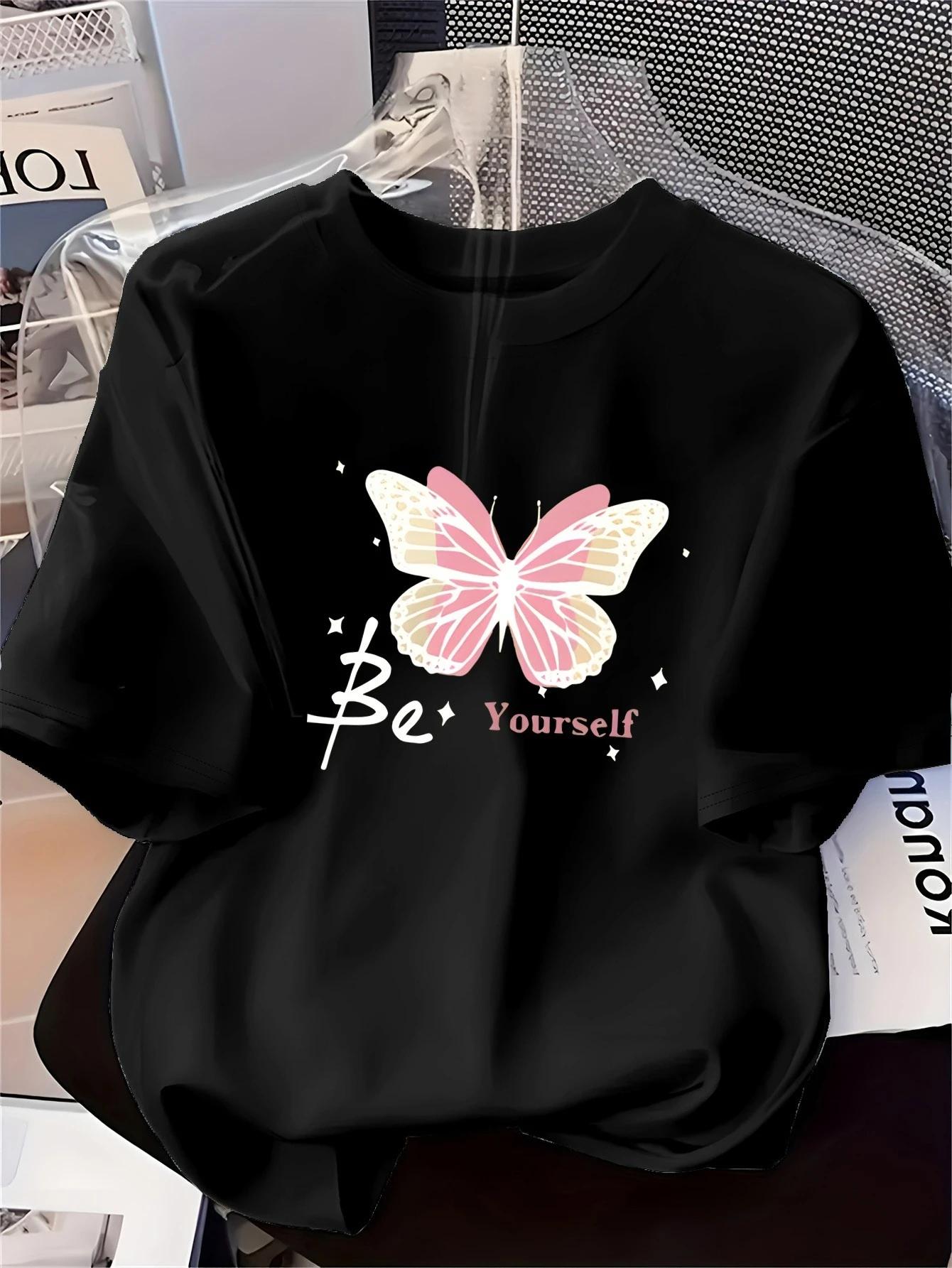 

2026 New Man Women Fashion Printed T-Shirt Pink Butterfly Pattern Soft Comfortable Printed Short Sleeve T-Shirt for Casual To... S разноцветный