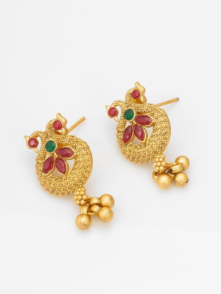 Gold-Plated Maroon Stone-Studded & Beaded Jewellery Set
