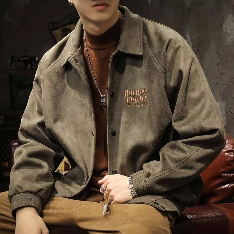 Men's Suede Plush Lapel Baseball Jacket - Retro American Casual Plus Size Outerwear for Spring and Autumn