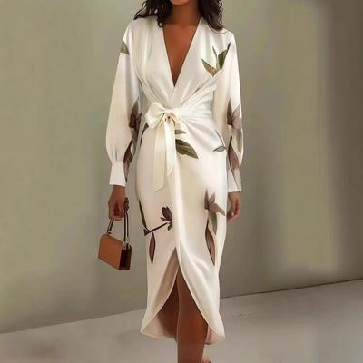2025 European & American Women's V-neck Long Sleeve Lace-up Print Long Dress