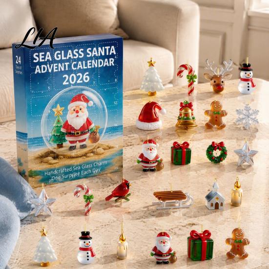 Festive Countdown Ceremony Sea Glass Christmas Advent Calendar, 24-Day Acrylic 2D Ornament Set Holiday Themed Party Supplies with Santa Gingerbread