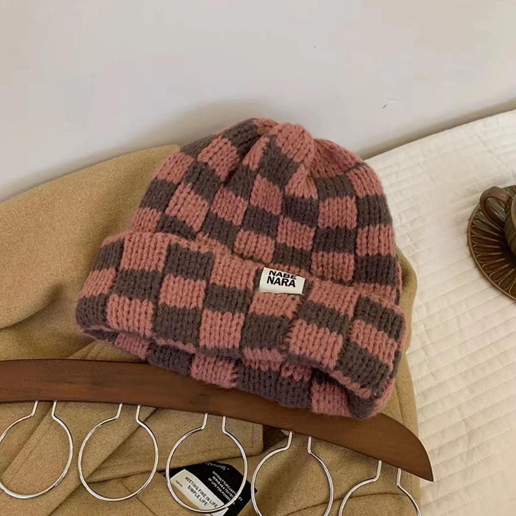 Vintage Plaid Beanie Cap for Women Autumn Winter Warm Knitted Woollen Hat Outdoor Anti-cold Skullies Caps