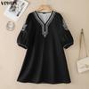 VONDA S-5XL Summer Women V Neck 3/4 Sleeve Print Elegnat Casual Loose Dress