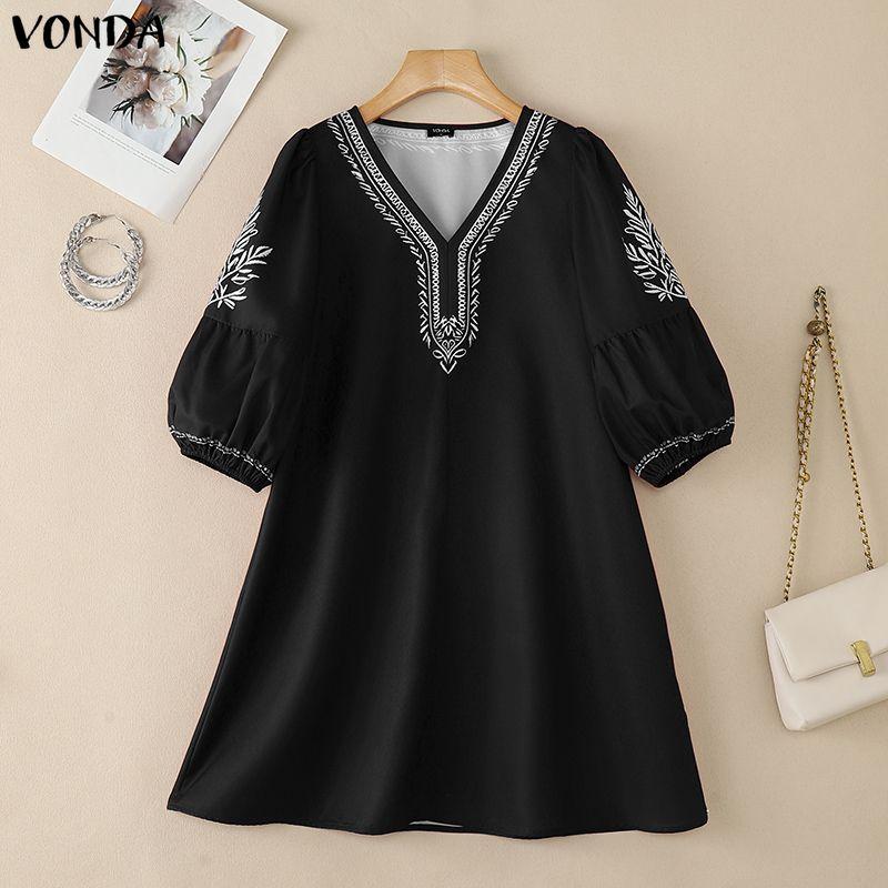 VONDA S-5XL Summer Women V Neck 3/4 Sleeve Print Elegnat Casual Loose Dress