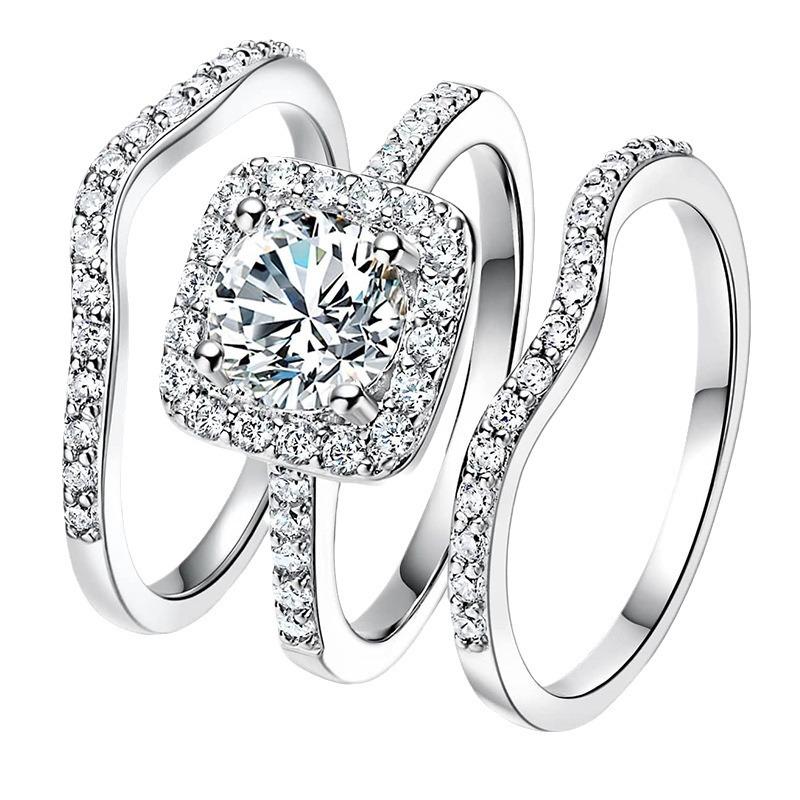 Square zirconium stacked wearing high-end rings, women's men's European and American exquisite three-piece set of noble temperament rings