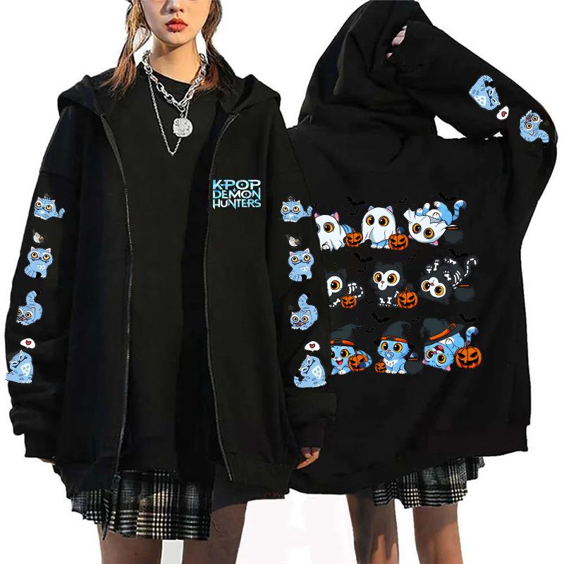 

Модная женская одежда Новые толстовки K-Pop Demon Hunters Черные зимние женские свитшоты Хэллоуин Мультяшный принт Одежда XL