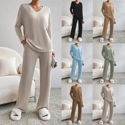 2025 Autumn Women's Two-Piece Set: Casual V-Neck Knit and Straight-Leg Pants