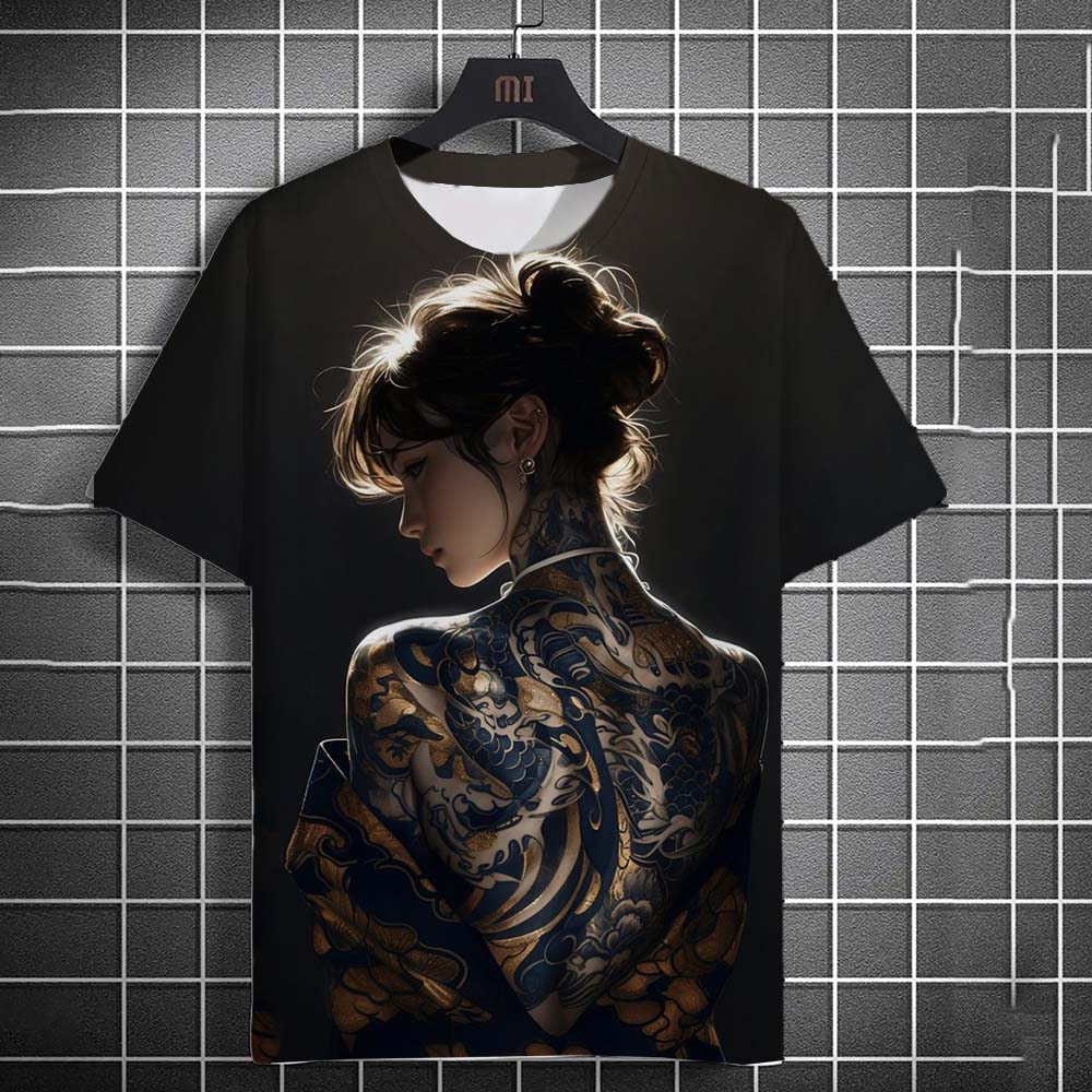 Tattoo Girl Pattern 3D Printed Top Fashionable Casual Short Sleeved Men's T-shirts - Soft Medium Stretch Polyester Fabric Summer Relaxed Fit Clothing