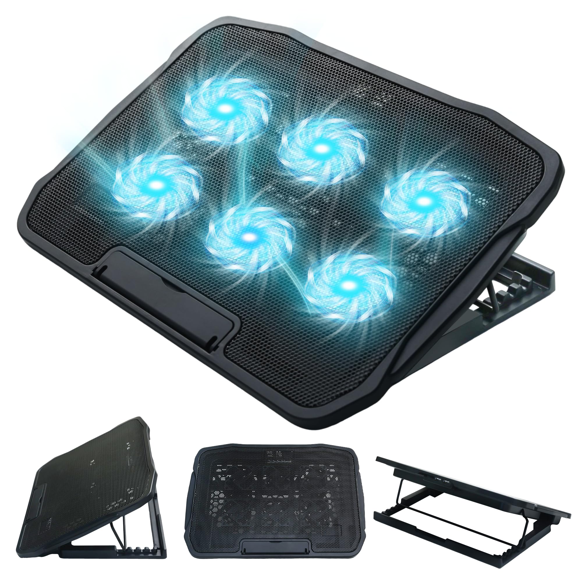 

Портативная охлаждающая подставка для ноутбука с шестью вентиляторами, пятью регулируемыми по высоте положениями и двумя USB-портами. Оснащена металлической сеткой и светодиодной лентой. Совместима с ноутбуками. чёрный
