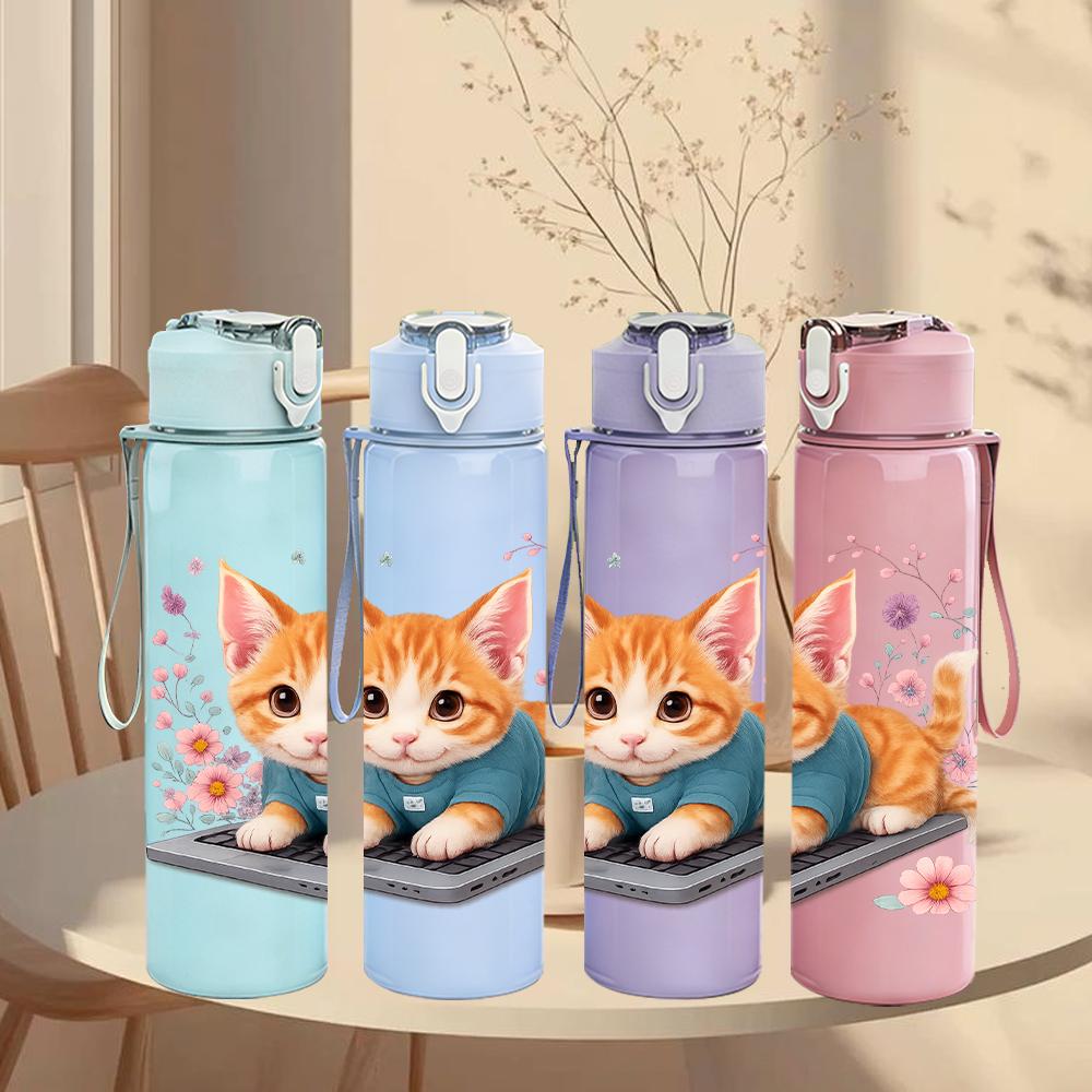 1PC Floral Surrounded Kitten 750ml Color Plastic Sports Water Bottle Leakproof Flip Straw Lid For Sports Office Home Use