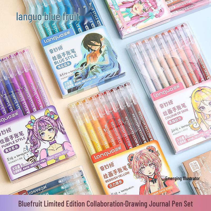 Blue Fruit Glitter Pen & Cartoon Artist Retro Paintbrush - DIY Color Journal for Students