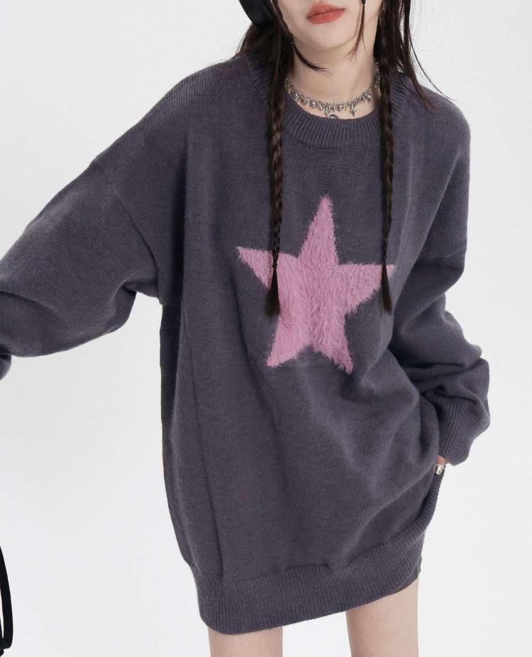 

Y2K Винтажный Свитер Оверсайз Женский Харадзюку Гранж Звезда Узор Джемпер Свободный Повседневный Трикотаж Топы Кпоп Уличная одежда 00-х