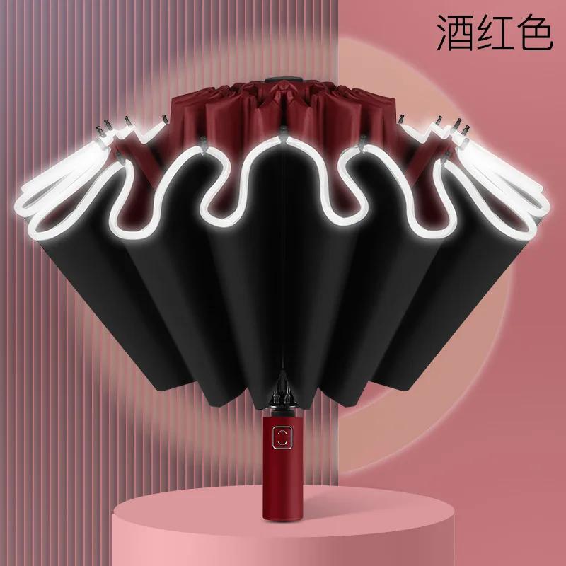 

Ветрозащитный 16-спицевый полностью автоматический складной зонт-наоборот, деловой автомобильный зонт, дождевик, большой виниловый зонт с защитой от солнца вино красного