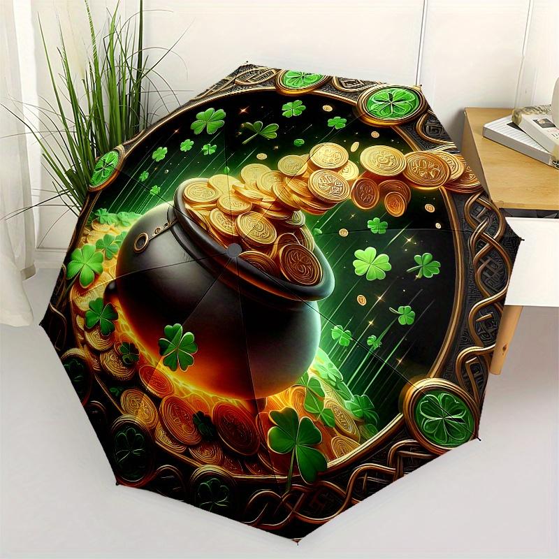 

Pot of Gold Coins with Four-Leaf Clovers, Irish Luck Symbol Umbrella, Cute Umbrella with Cute Design, Portable 3-Fold Compact Umbrella for Men & Women