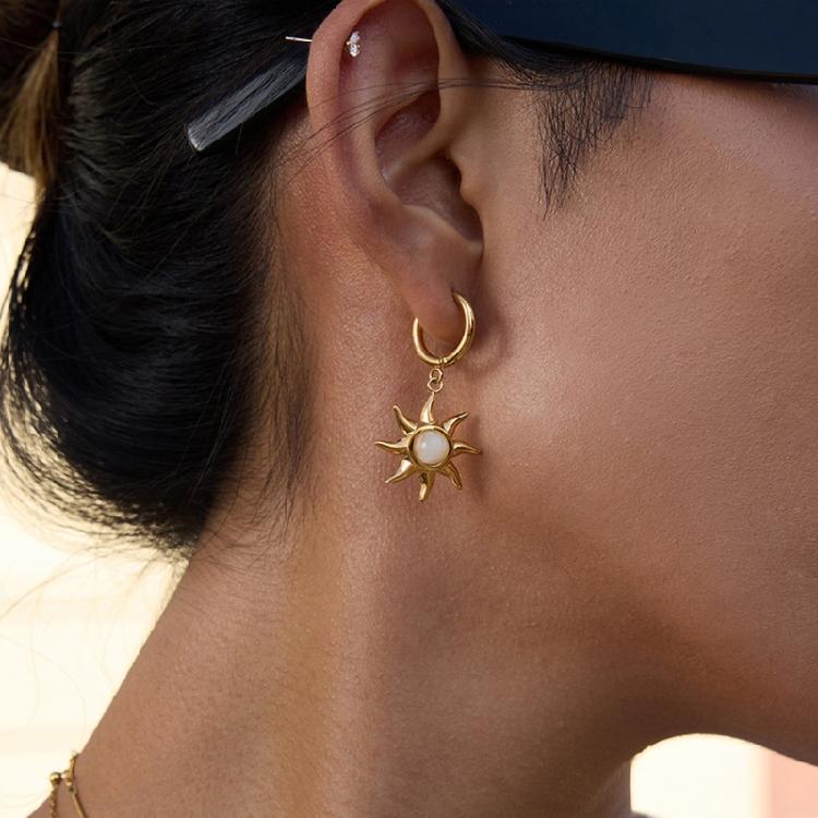 Fashion Sun Pattern Earrings Moonstone Embellished Stainless Steel Party Accessory Gift For Fashion Lovers
