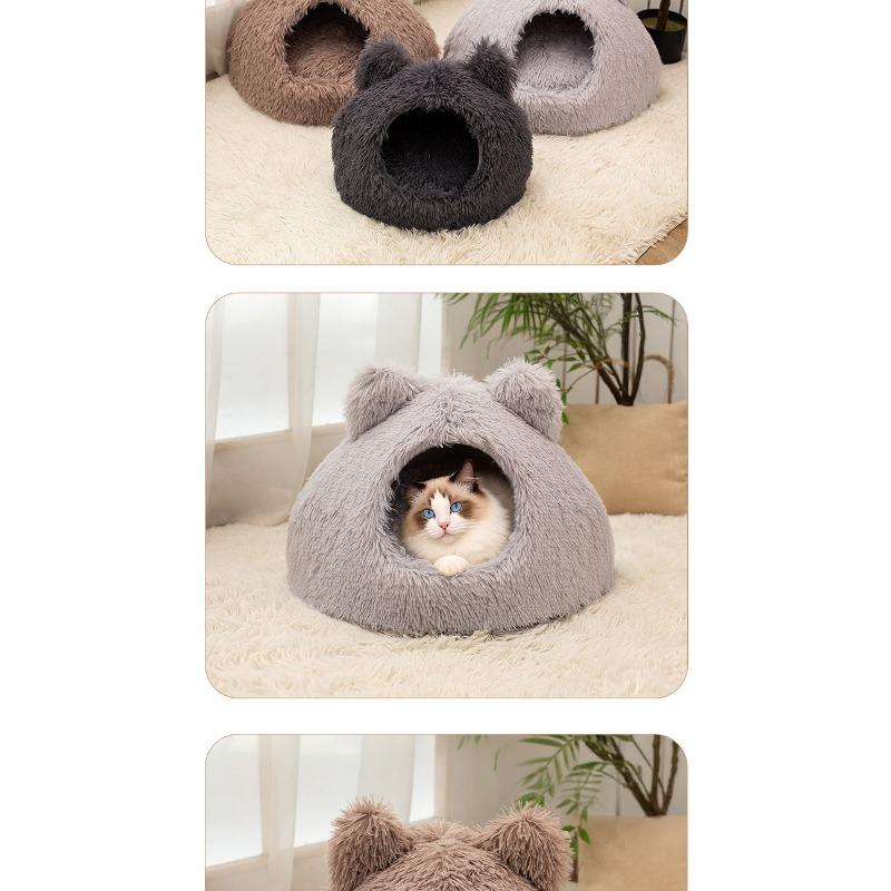 Enclosed Warm Long Plush Cat Ear Pet Bed For Cats And Dogs