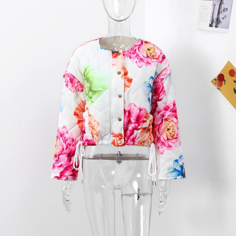 Fashion Floral Printed Jackets Women Elegant O-neck Single Breasted Draw Rope Female Coat Autumn Lady Casual Coats