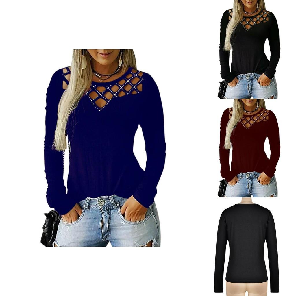 Stylish Women's Hollow Long Sleeve T-shirt For Casual Chic V-neck Pullover Top