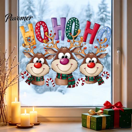Glass Door Decor Christmas Static Cling Window Stickers, Cartoon Reindeer HOHOHO Art Decals, Surface Embellishments Festive Holiday for Home