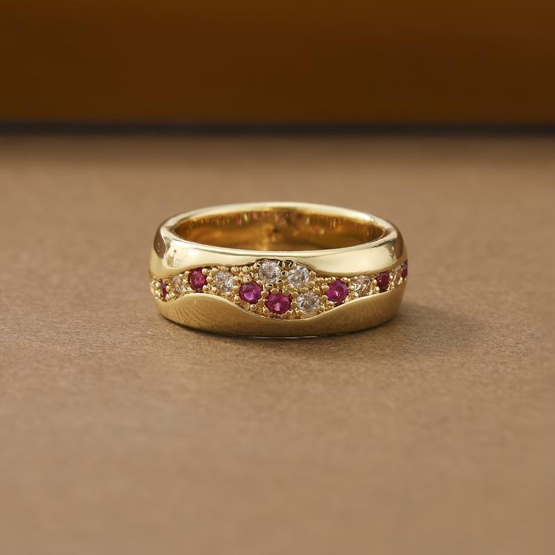 Vintage Gold Color Wavy Pattern Inlaid with Red and White Synthetic Zircon Ring Women's Banquet Party Jewelry Accessories Gift