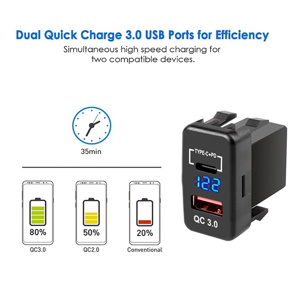 12V-24V Car Charger Socket Adapter Dual USB Ports Fast Charger Socket with Voltage Display for Toyota Auto Accessories 40X22mm