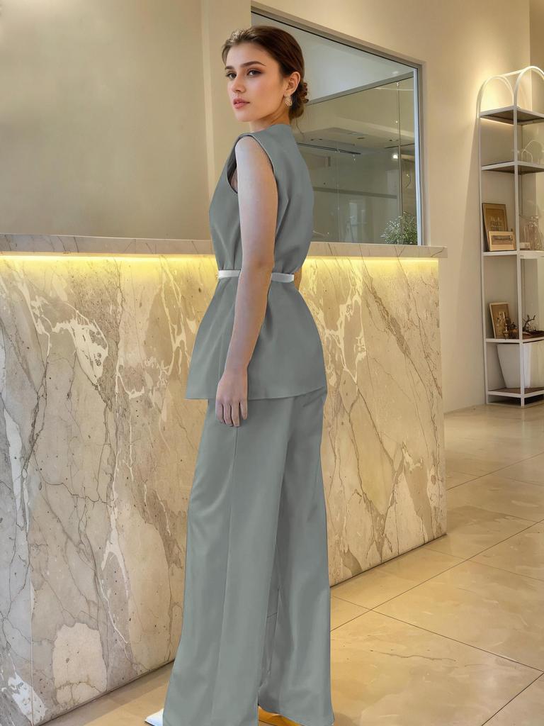 European & American Solid Color Sleeveless Top and High Waist Wide-Leg Pants Two-Piece Women's Set