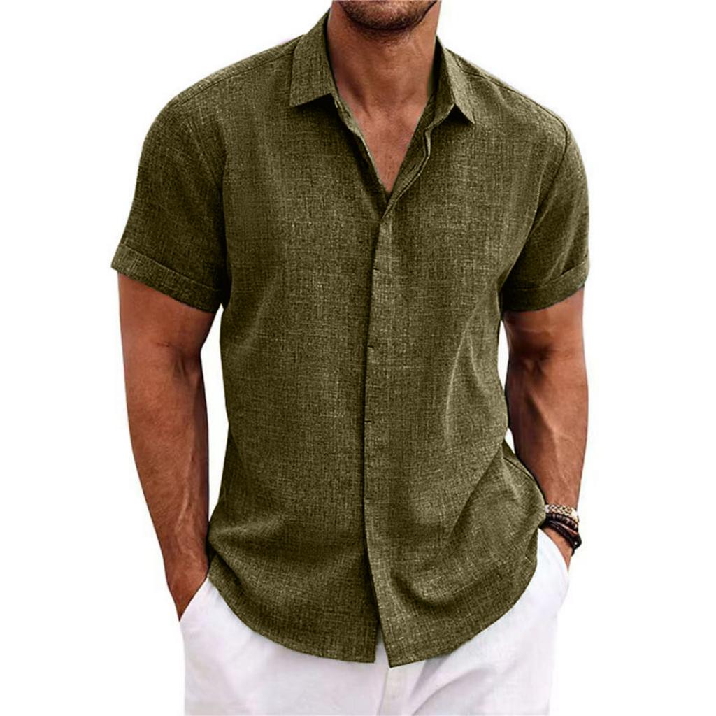Men's Casual -color Loose Short-sleeved T-shirt Shirt - Men's Cotton And Linen Collar Short-sleeved Top