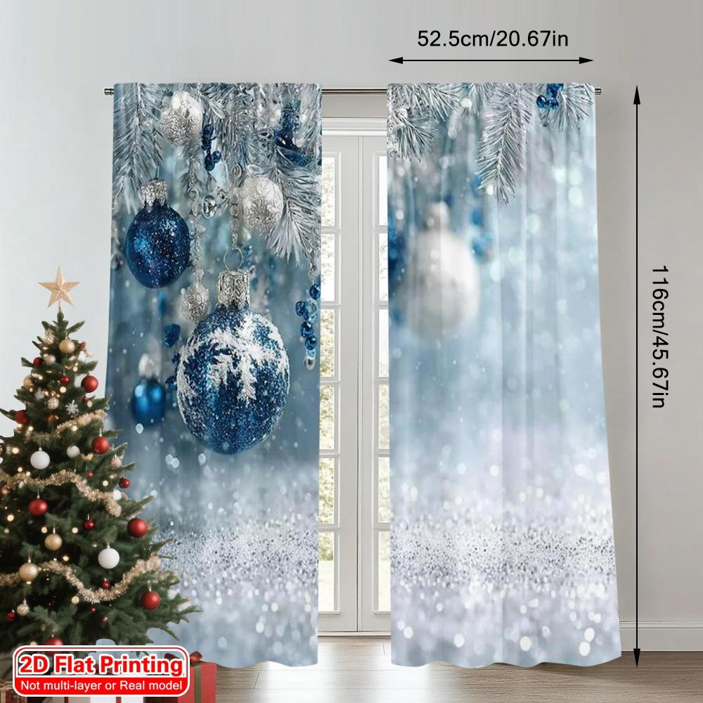 Flat Printing Merry Christmas Party Curtains Blue Snowflakes Fabric Without Electricity Family Curtain Set Of 2 Made Polyester Washable