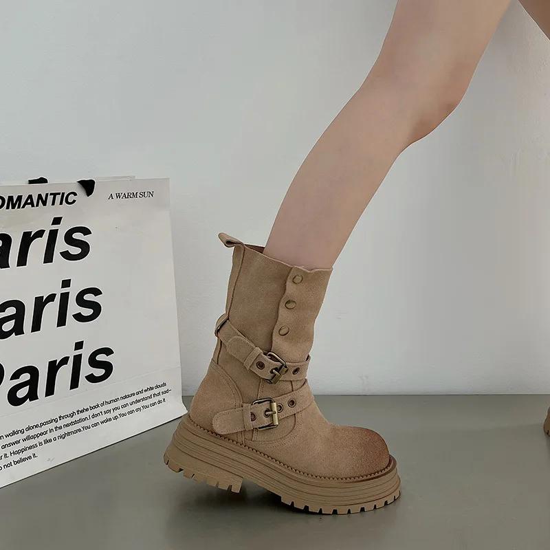 Brown Retro Medium Short Botas Women British Knight Boots Fashion Belt Buckle Western Cowboy Boot Platform Versatile Women Shoes