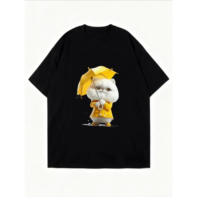 White T Shirt With Cute Cat Holding Yellow Umbrella Print For Casual Wear