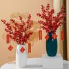 New Year'S Berry Flower Arrangement Chinese Red Fruit Golden Simulated Leaves Wealth Fortune Blessing Flower Vase Bucket Decor