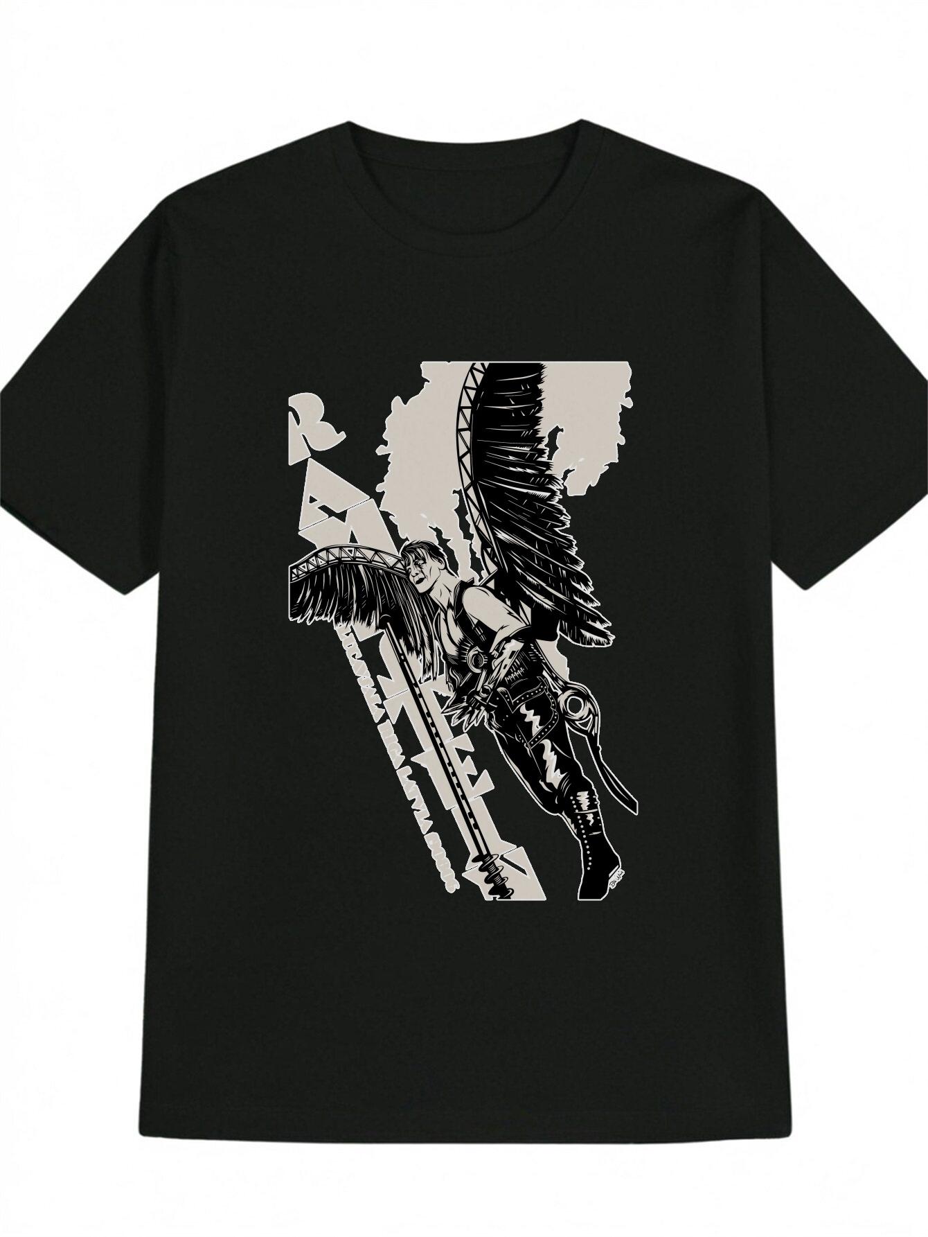 

Casual Graphic T-shirt with Winged Character Print - Black & White Contrast Design XL