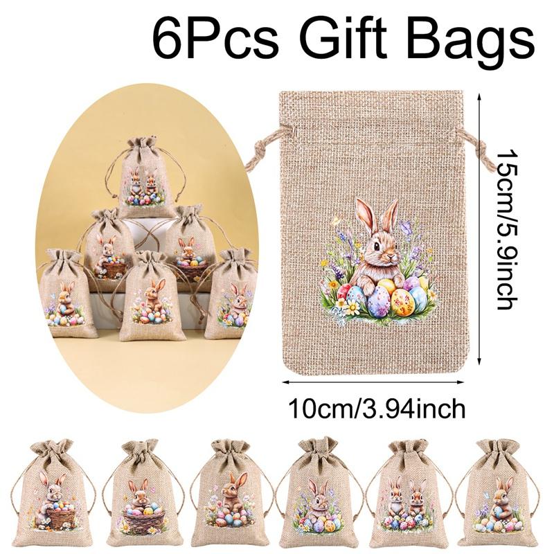 6Pcs Easter Linen Gift Bag Bunny Candy Cookie Packaging Bags Spring Easter Party Favor Supplies Kids Gifts Easter Decor 2026 as picture