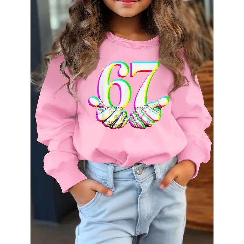 European Sizes Cute Little Kid Neon 67 Printed Long Sleeve Sweatshirt with Thumbs Up Details | Trendy Casual Crew Neck Pullover for Kids