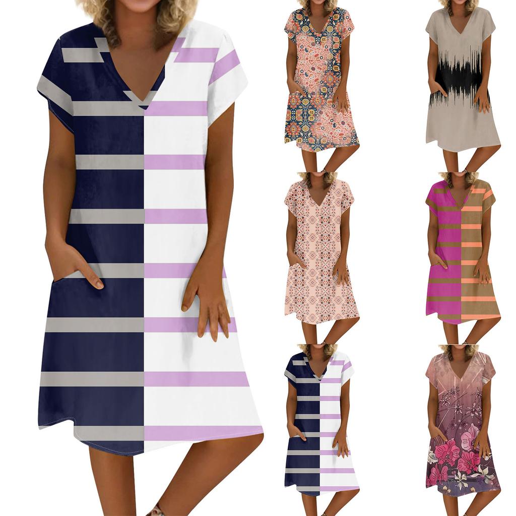 Women's Summer V-neck Short Sleeve Printed Cotton And Linen Dress