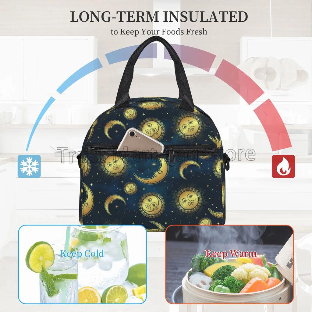 Boho Sun Moon Stars Black Mystical Insulated Lunch Bag Thermal Bento Bags with Adjustable Shoulder Strap for Picnic Beach Travel