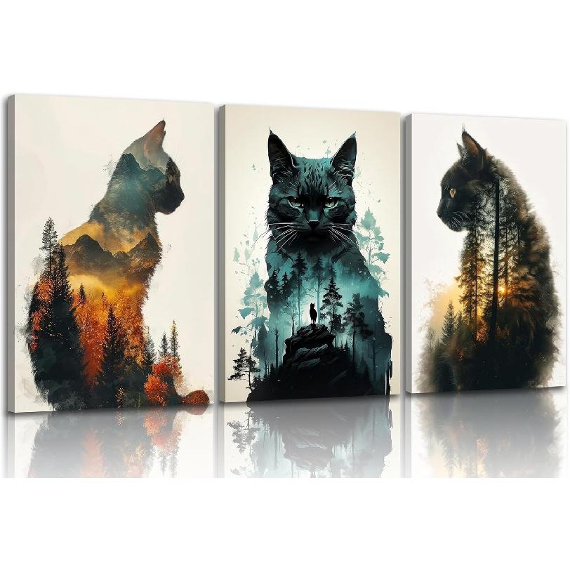 Funny Animals Canvas Wall Art Cute Black Cat and Forest Theme Pictures Wall Decor Abstract Sunset Mounta Nature Landscape Poster Painting Prints
