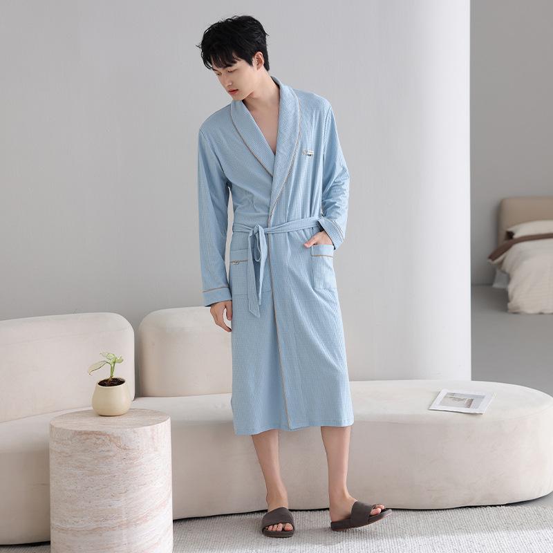 Nightgown Men'S Spring And Autumn Waffle Cotton Long-Sleeved Men'S Spring And Autumn Absorbent Bathrobe Bathrobe Loungewear
