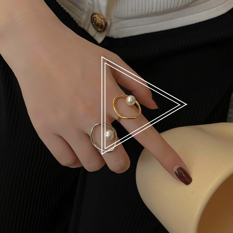 Geometric Hollow Simulated-pearl Ring for Women Silver Simple Line Open Rings Jewelry Accessory