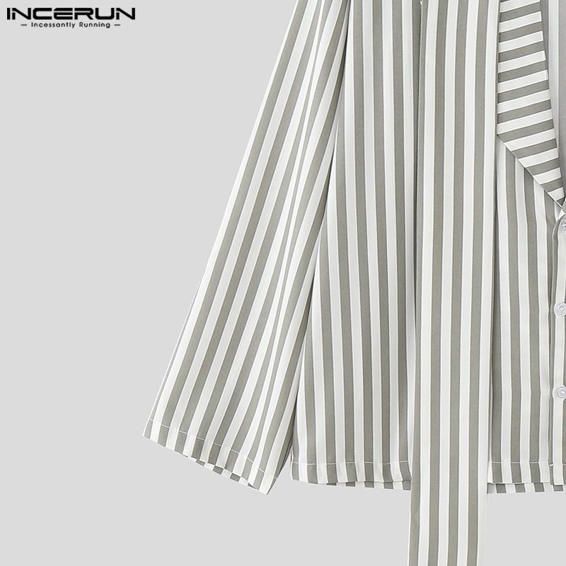 INCERUN Men Lapel Deep V Neck Long Sleeve Striped Print Casual Lace-up Shirts Tops