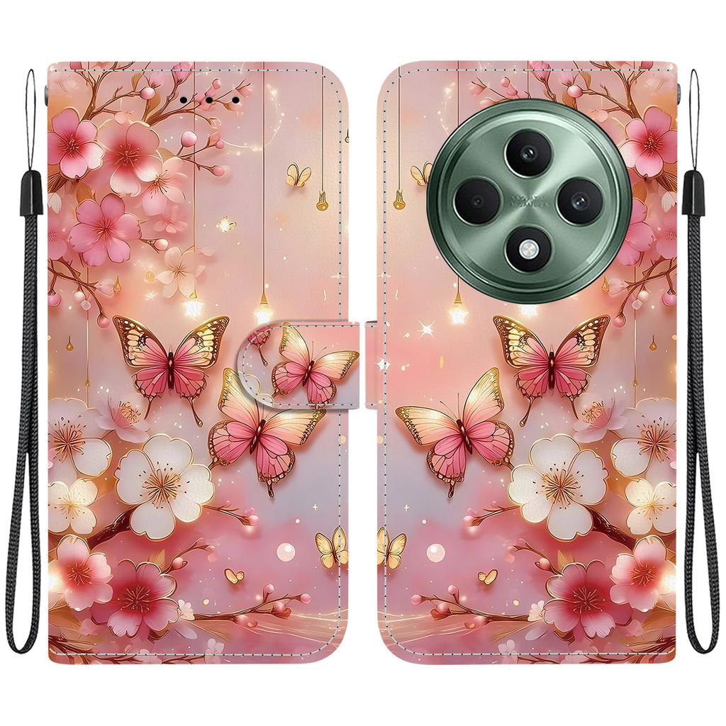 Ręcznie robione etui z klapką z PU skóry dla Oppo Reno12 F (5G/CPH2637) Antypoślizgowe Wstrząsoodporne Etui z Paskiem na Nadgarstek i Wzorami Kota/Róży/Serca