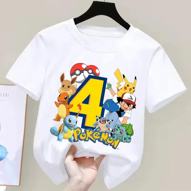 Pokemons Pikachu Kids T-shirts Birthday Number 1-9 Printed Summer Spring Children's T-shirts Minimalist Casual Cosplay Loose Top