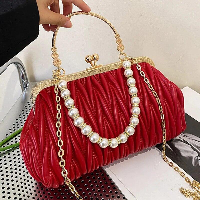 Fashion Women Orange Green Shoulder Bags Prom Clutch Pearl Chain Crossbody Bags Female Chic Totes Pu Leather Handbags And Purse
