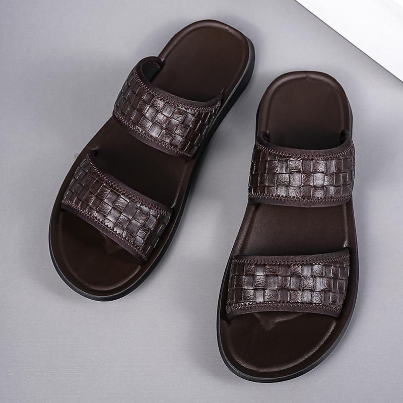 Men Black Leather Slippers Flats Summer Brown Sandals Outdoor White Wide Head Beach Shoes for Father Over Sized 46 47 48
